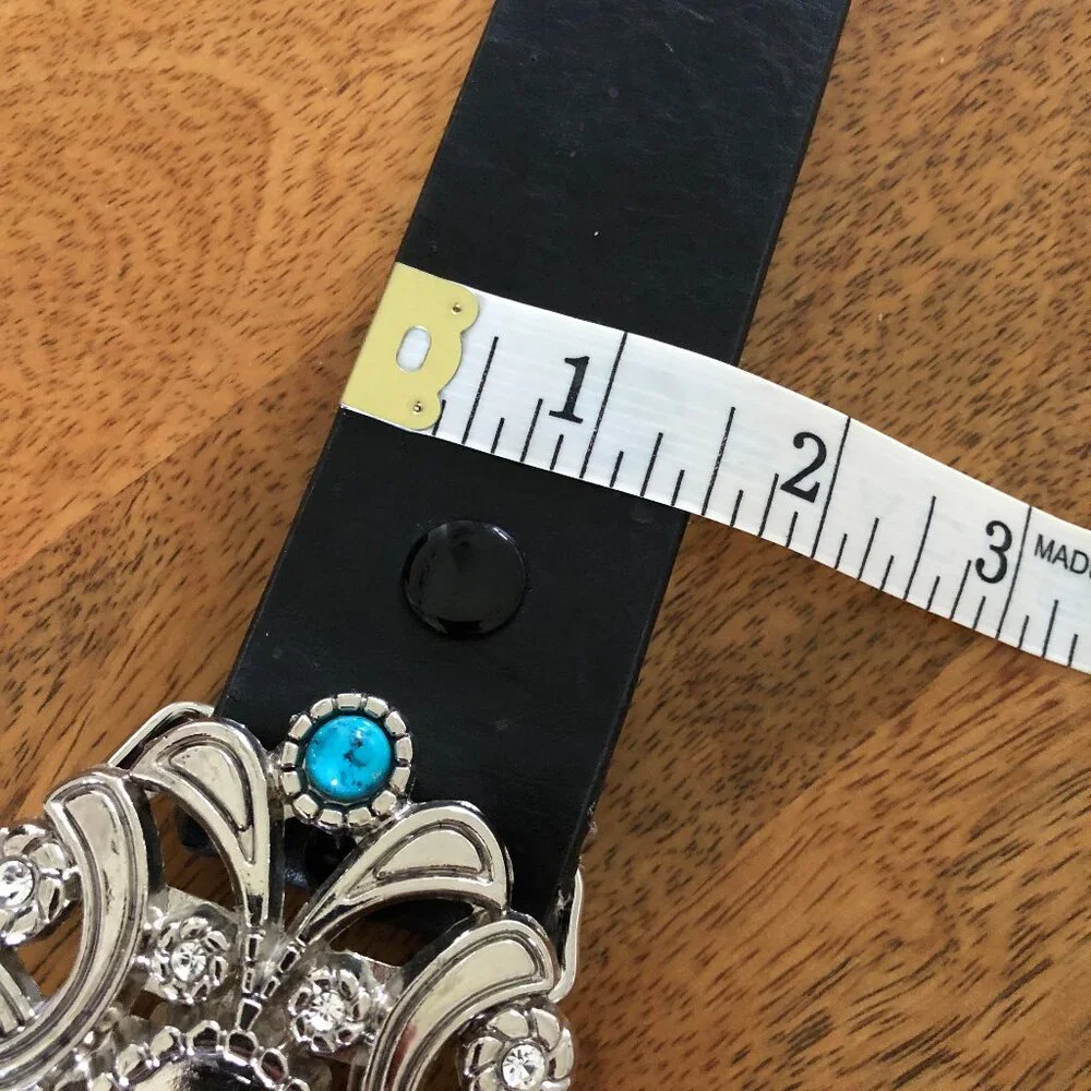 Black Leather Belt with Large Silver Buckle: Rhinestone and Turquoise, Small